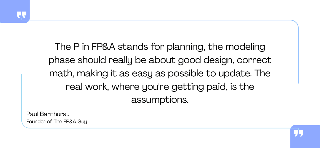 Quote card with large text about FP&A planning and assumptions, credited to Paul Barnhurst, on a white background with blue quote icons