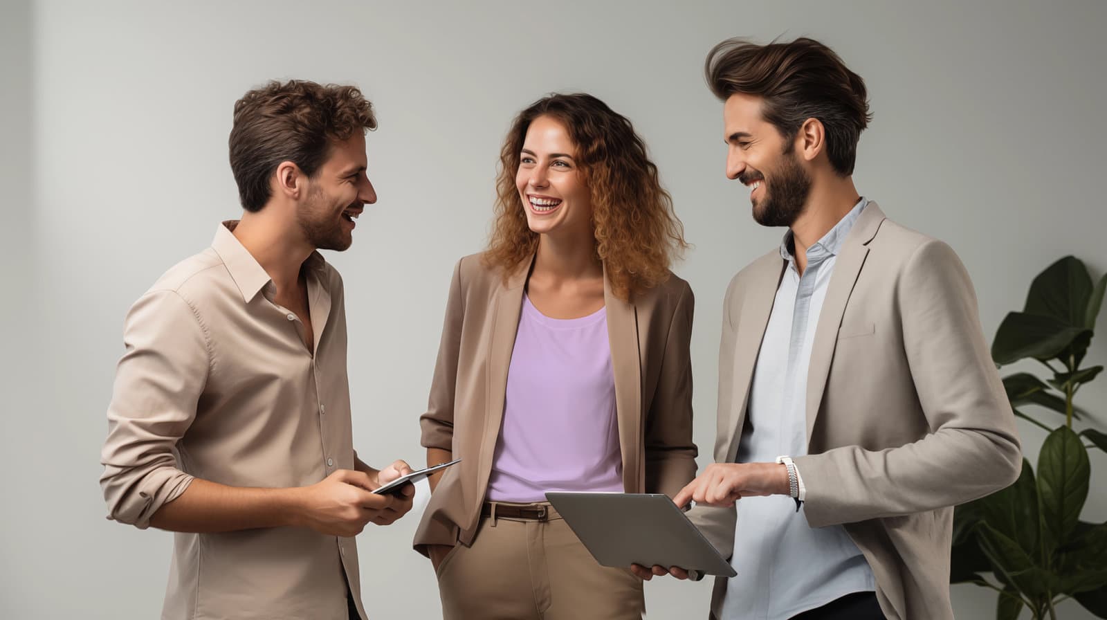 Three colleagues standing together, smiling and looking at a tablet