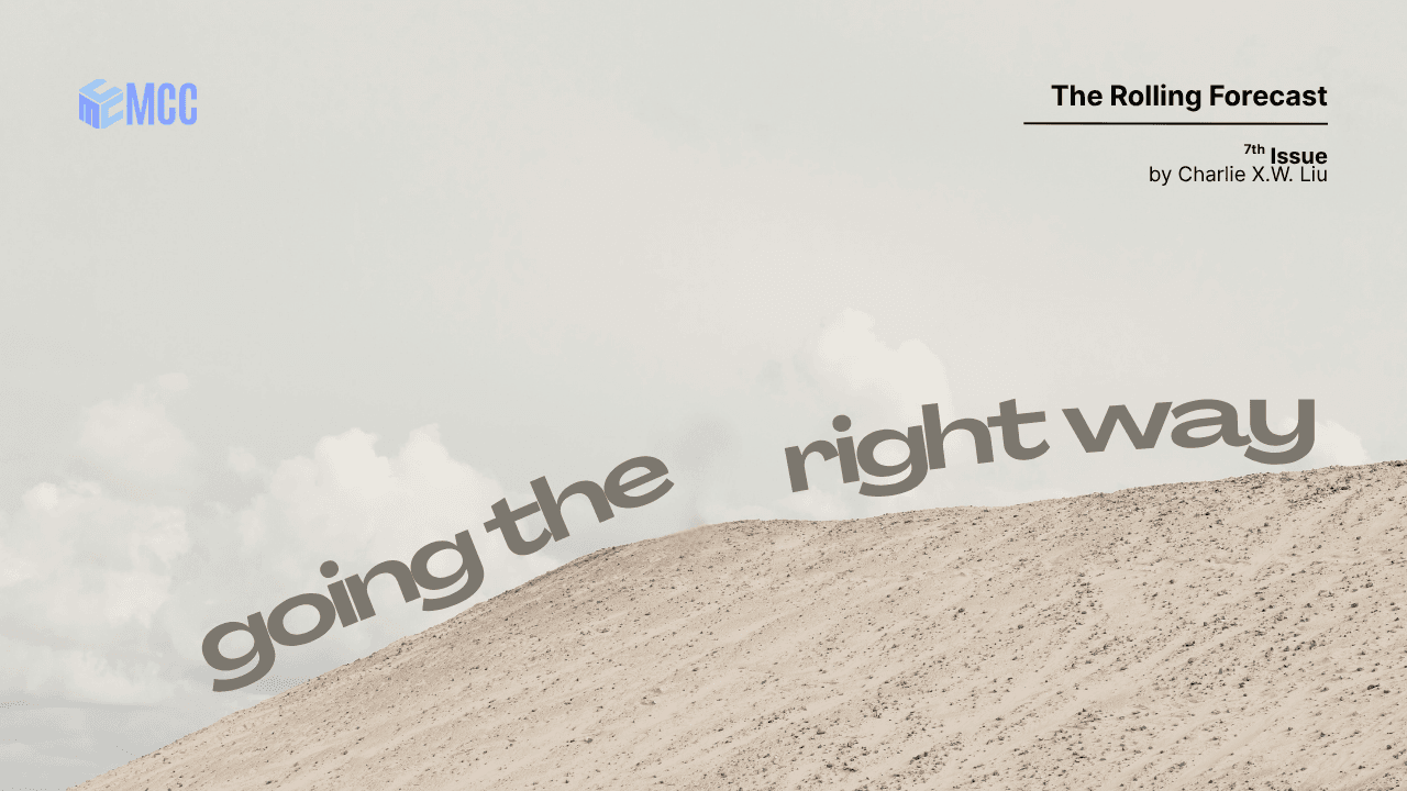 The Rolling Forecast, issue 7, by Charlie X.W. Liu. The words going the right way run up a sandy hill