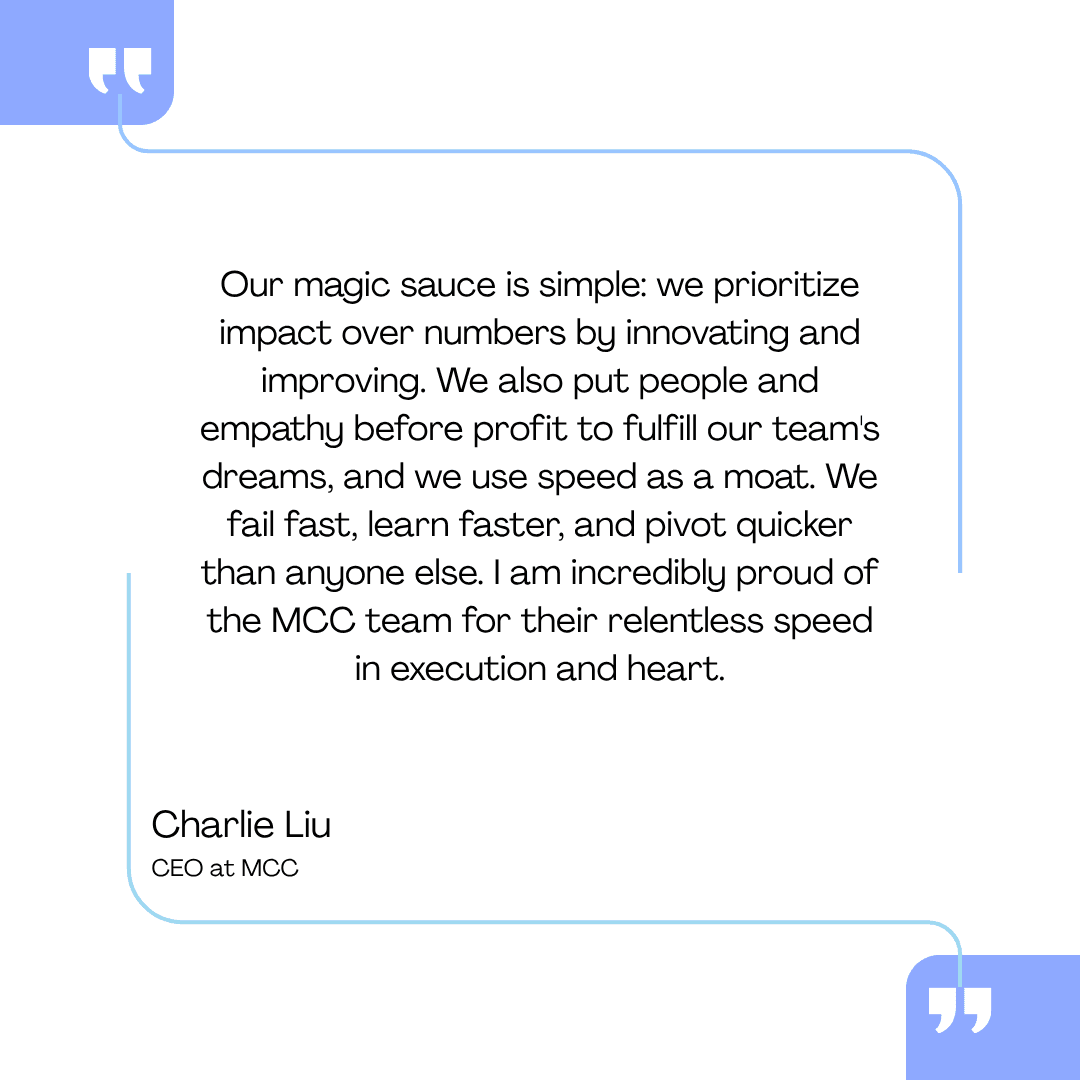 Quote card with blue quote corners and Charlie Liu, CEO at MCC, praising speed, empathy, and impact on a white background.