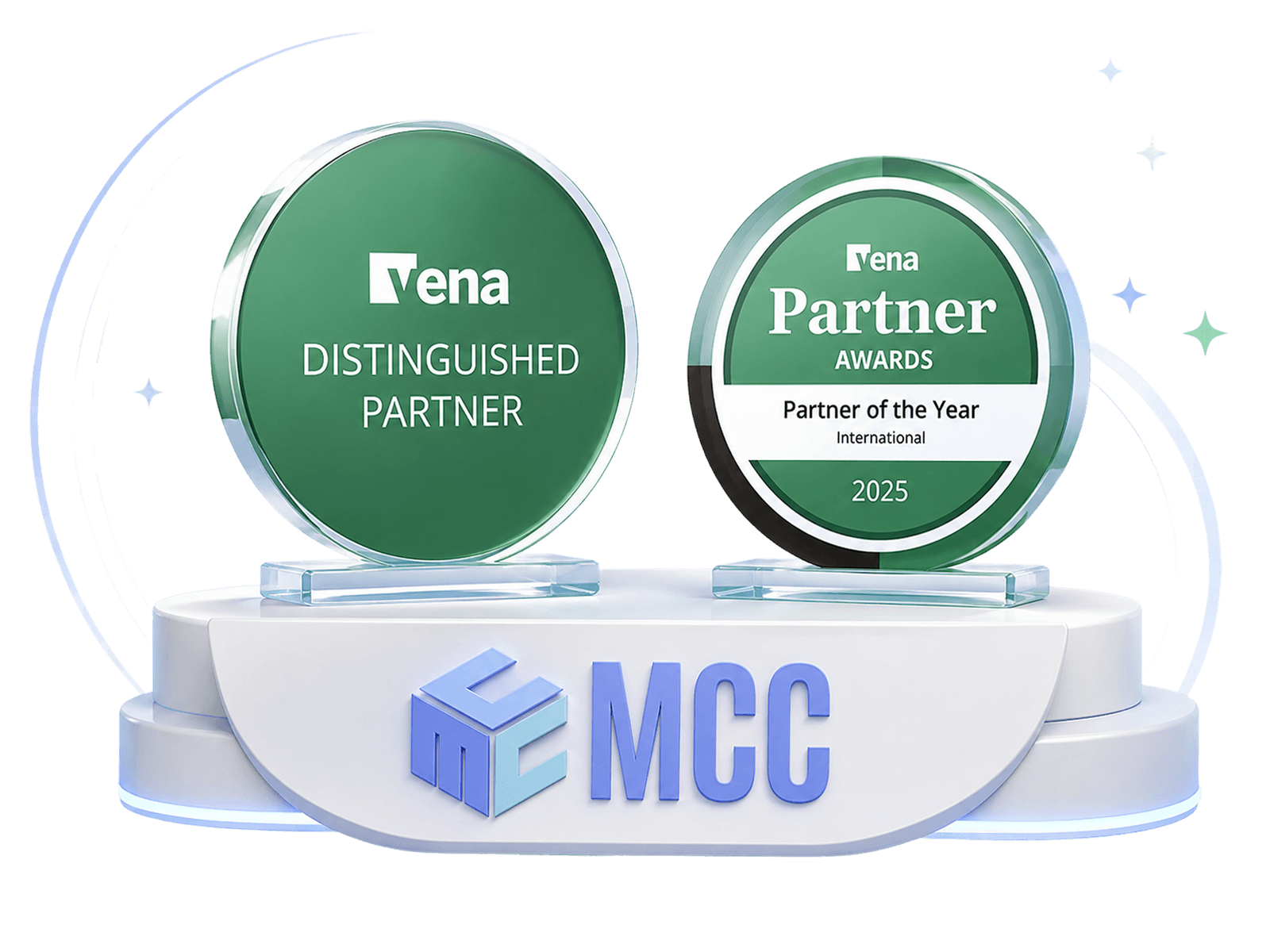 Two green Vena award plaques on a white MCC pedestal, with stars and text: Distinguished Partner and Partner of the Year 2025.