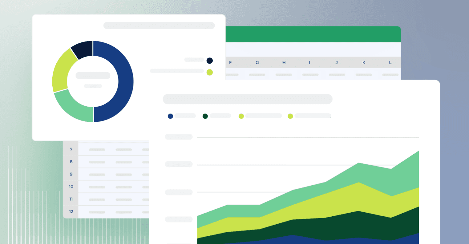 Illustration of a spreadsheet behind a donut chart and a rising stacked area chart